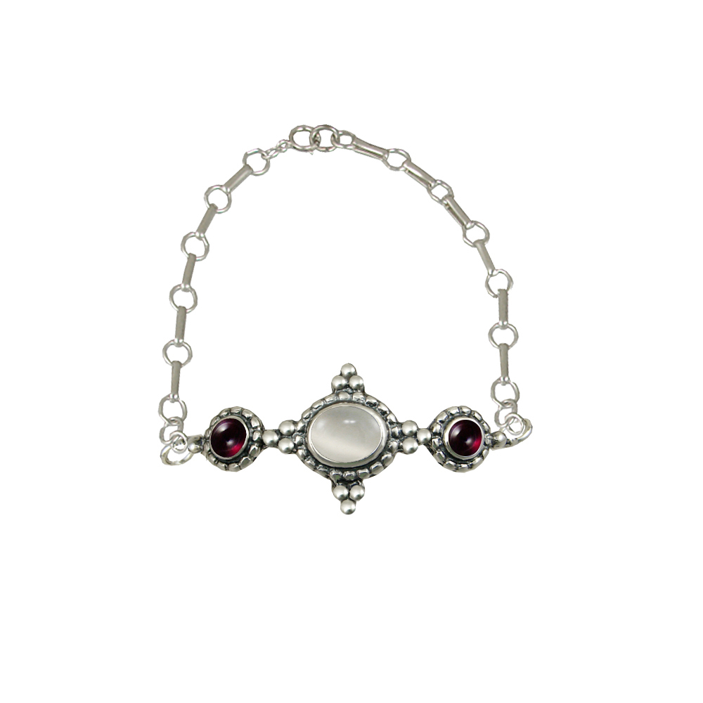 Sterling Silver Gemstone Adjustable Chain Bracelet With White Moonstone And Garnet